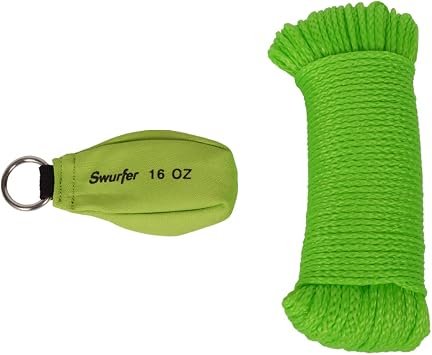 Swurfer 16 Oz Arborist Throw Weight Bag Rope Launcher, and 150 1/8" Arborist Throw Line Kit, Tree Climbing & Felling Rope, and TreeSwing Installation Throw Bag, Bright Color Arborist Equipment Kit