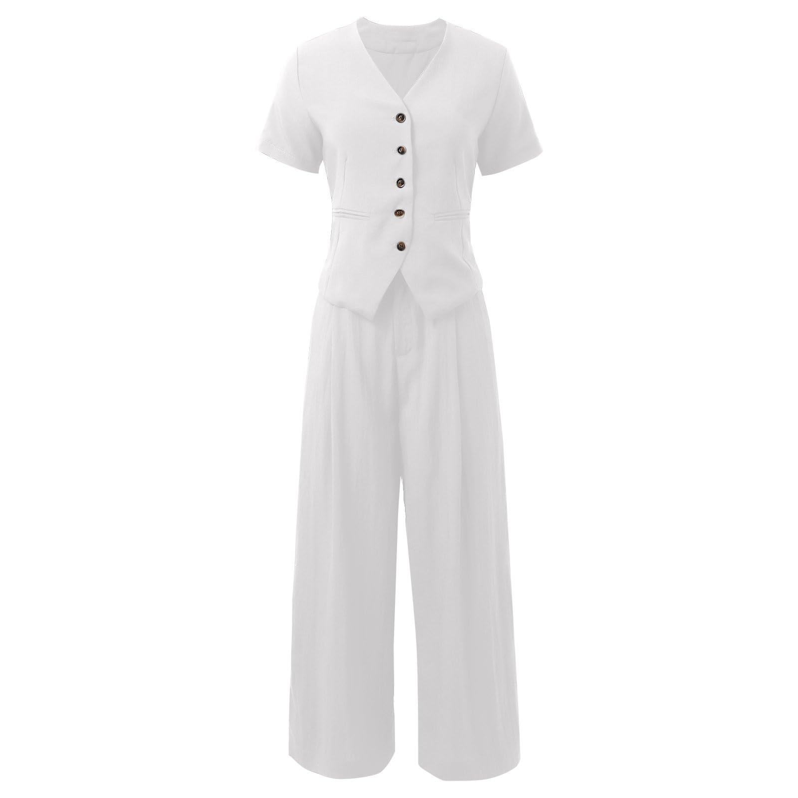 Generisch 2-teiliges Damen-Outfit aus Leinen, Sommer-Weste, Anzug-Set, weites Bein, Hose, Business, Freizeit, Urlaub, Arbeitssets