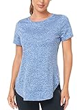 Absttith Women's Short Sleeve Shirts Loose Fit Gym Workout T-Shirt Athletic Casual Tops Side Split Blue Large