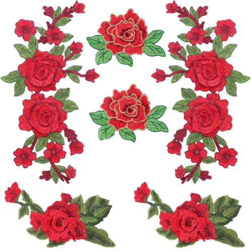 CABODYALS 6 pieza de Apliques Bordados de Flores Rojas de 3 estilos para Coser En Tela con Estampado Floral Vintage, Parches de Encaje Decorativos para Chaquetas, Vestidos, Vaqueros, Suéteres, Sombrer
