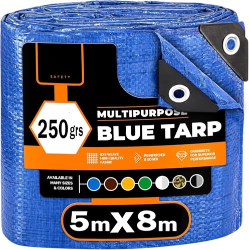 Telo Impermeabile Esterno, Telo Copritutto, Campeggio, Teli Impermeabili Per Esterno, Telo Occhiellato Antistrappo, Coperture Polietilene Multiuso, Telone impermeabile per esterno (5m x 8m 250gsm)