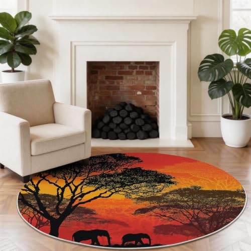 Tapis rond 90 cm silhouette d'arbres rouges lavable