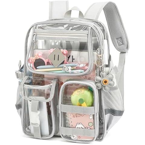 Xunteny Clear Backpack for School, Heavy Duty Transparent Bookbag for Girls Women with Sunflower Keychain (Grey) Cover