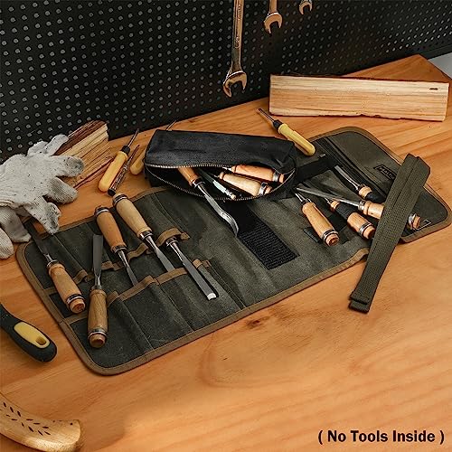 Tool Organization Roll, Heavy Duty 16oz Waxed Canvas Tool Roll Pouch with 1 Detachable Zipper Pouch & 7 Tool Slots - Tool Storage Bag for Mechanics Plumbers Truckers | Army Green by Kaaltisy - Image 6