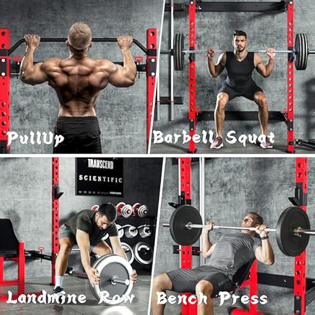 MU 2 x 2 Folding Squat Rack, 1100LBS Wall Mounted Power Rack with Adjustable Pull Up Bar, J Hooks, Landmine, Foldable Squat Rack for Home Gym, Garage, Training Studios (Black and Red)