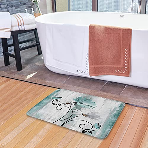Bath Mat,Rustic Farmhouse Farm Teal Daisy Floral Flowers And Butterfly On Country Wooden Turquoise Blue,Bath Rugs Non-Slip Bath Mats For Shower Bedroom 29.5" X 17.5" #TOP3