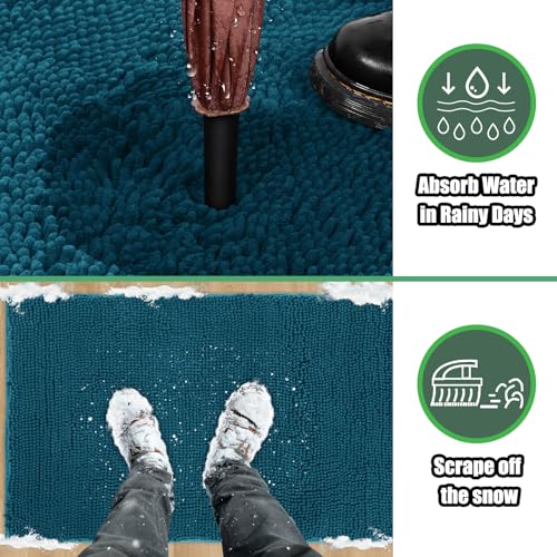 IM HOME Chenille Absorbent Outdoor Doormat 36" x 24", Washable Muddy Door Mats for Dog Non Slip Indoor Doormat Dog Mat for Muddy Paw Front Inside Doormats for Entryway Teal Blue