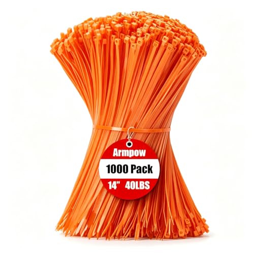 Image of Armpow 14 Inch Zip Ties Orange 1000 PCS, 40 Lbs- Heavy Duty Tensile Strength, Nylon PA66 UV Resistant Cable Ties for Indoor and Outdoor Use - Ideal for object bundling and fastening