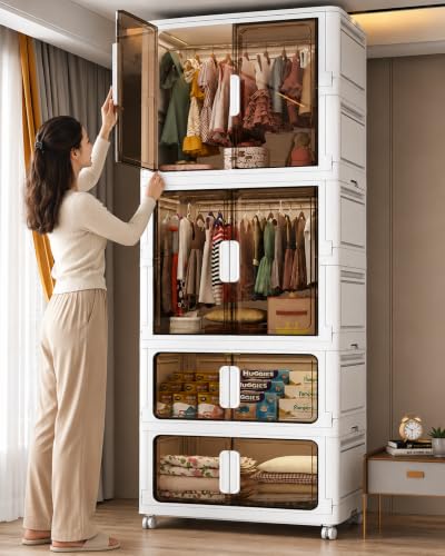 Image of EXVITO Modular Plastic Wardrobe for Bedroom | 2 Tier+2 Bins Foldable Cupboard with Hanging Rod | Stackable Storage Almirah for Clothes with Wheels | Multi-Layer Plastic Storage Cabinet - White