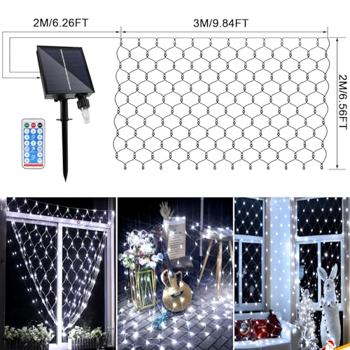 WoskjXas Solar LED Net Lights, 198 LED Mesh Fairy Lights, 8 Modes, 6.6 Ft x 9.8 Ft Garden Net Curtain Light, Remote Control, Waterproof - Ideal for Balcony Fence Christmas Decor (2M*3M, White) - Image 6