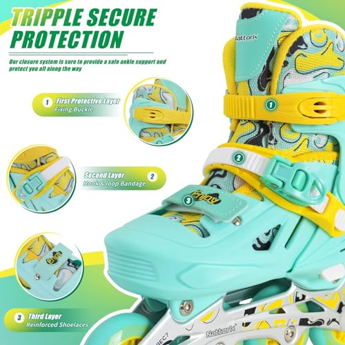 Nattork Inline Skates for Girls and Boys Kids, 4 Sizes Adjustable Inline Skates with Light up Wheels, Illuminating Beginner Roller Skates for Kids & Adult Youth Teal Age 10-12 Size 5 6 7 8 - Thumbnail 3