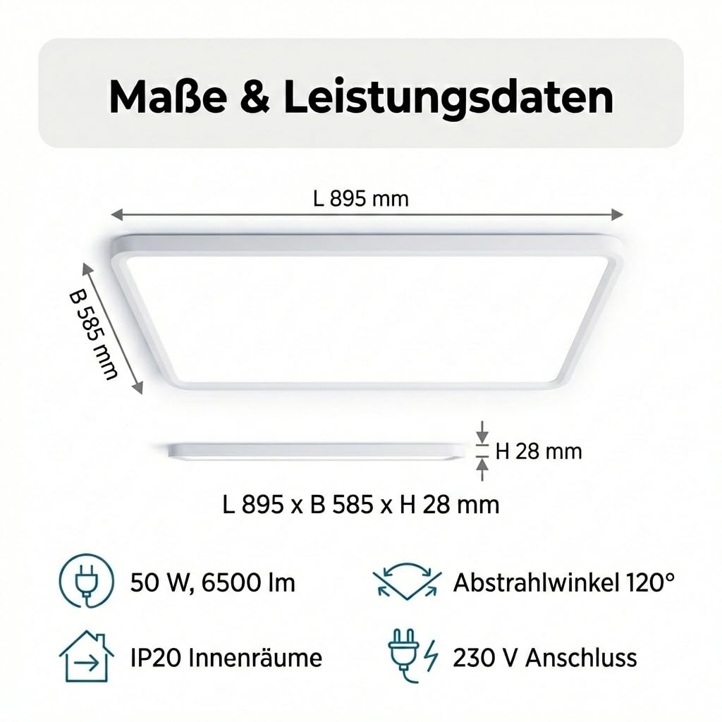 LED Panel Deckenleuchte weiß rechteckig flach 90x60cm CCT 3000-6500K variable Lichtfarbe, dimmbar, mit Fernbedienung, integriertes Netzteil, flimmerfrei IP20 L895xB585XH28mm