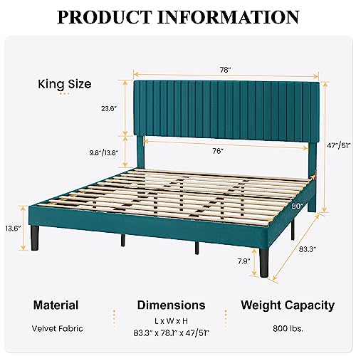 Image of SHA CERLIN King Upholstered Platform Bed Frame with Vertical Channel Tufted Velvet Fabric Adjustable Headboard, Wooden Slats Support, Mattress Foundation, Box Spring Optional, Teal