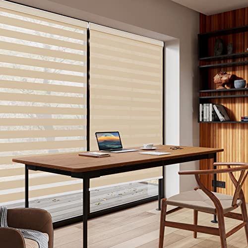 Cordless Zebra Roller Sheer Shades Blinds, Beige Custom Free Stop Dual Layer Window Shades With Valance, Sheer Or Privacy Light Control, Day And Night Blinds For Windows, Doors, French Doors #TOP5
