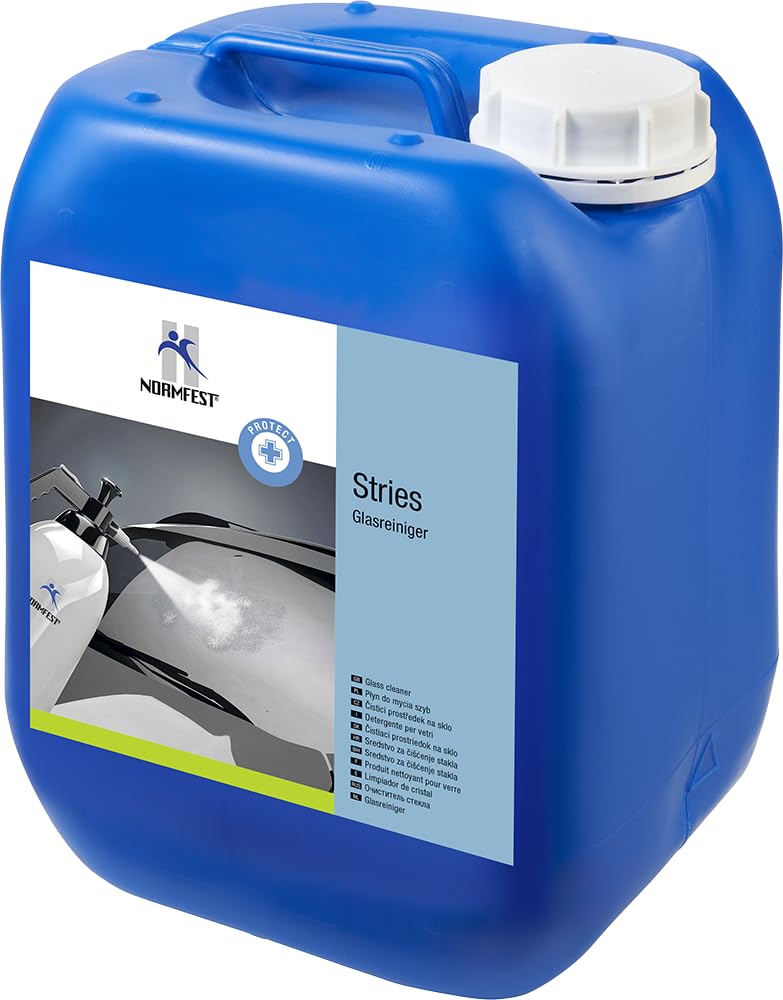Normfest Stries Protect – silikon- & ammoniakfreier Glasreiniger für streifenfreie Sauberkeit, schonend für Glas, Spiegel, Kunststoff & Polycarbonat, ideal für Fahrzeuge, Haushalt, Caravan 5000 ml
