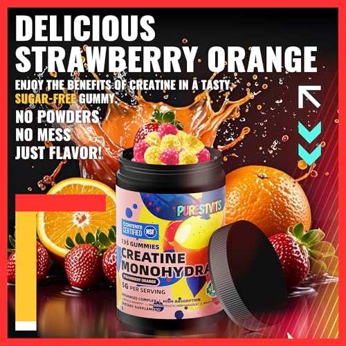 Image of NSF Certified Creatine Gummy 5g - Creatine Monohydrate Gummies - Pre-Workout Energy & Muscle Growth Support for Men & Women | Strawberry Orange Electrolyte Gummies (135 Count)
