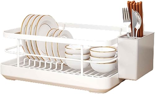 Escurridor de platos con bandeja de goteo ABS con soporte para cubiertos, cesta extraíble, resistente a los arañazos, antideslizante, ahorro de
