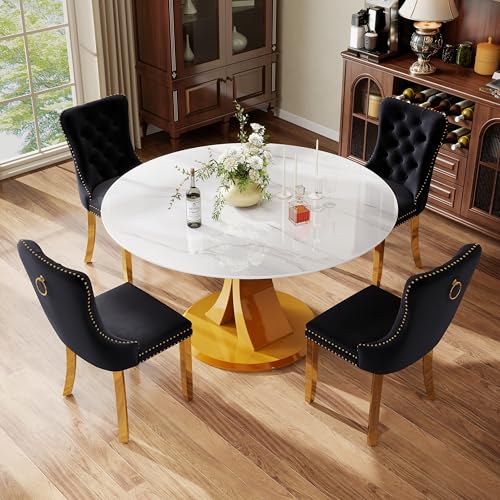 Image of 5-Piece Dining Table Set with 47In Faux Marble Table and 4 Velvet Upholstered Chairs, Modern Scandinavian Furniture for Dining Room Kitchen(Black&Gold)