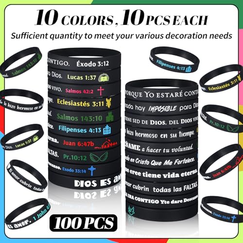 Foilswirl 100 Pcs Spanish Bible Verse Rubber Wristbands Christian Silicone Wristbands Spanish Rubber Bracelets Jesus Inspirational Bracelets for Adult Women Men Religious Gifts Church(Dark) by Foilswirl - Used condition - Image 2