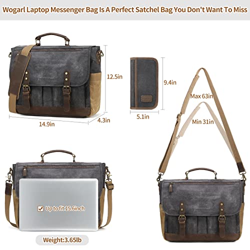 Wogarl Mens Messenger Bag 15.6 Inch Genuine Leather Waxed Canvas Computer Laptop Bag Briefcase Large Satchel Shoulder Bag With Leather Portfolio,Black #TOP6