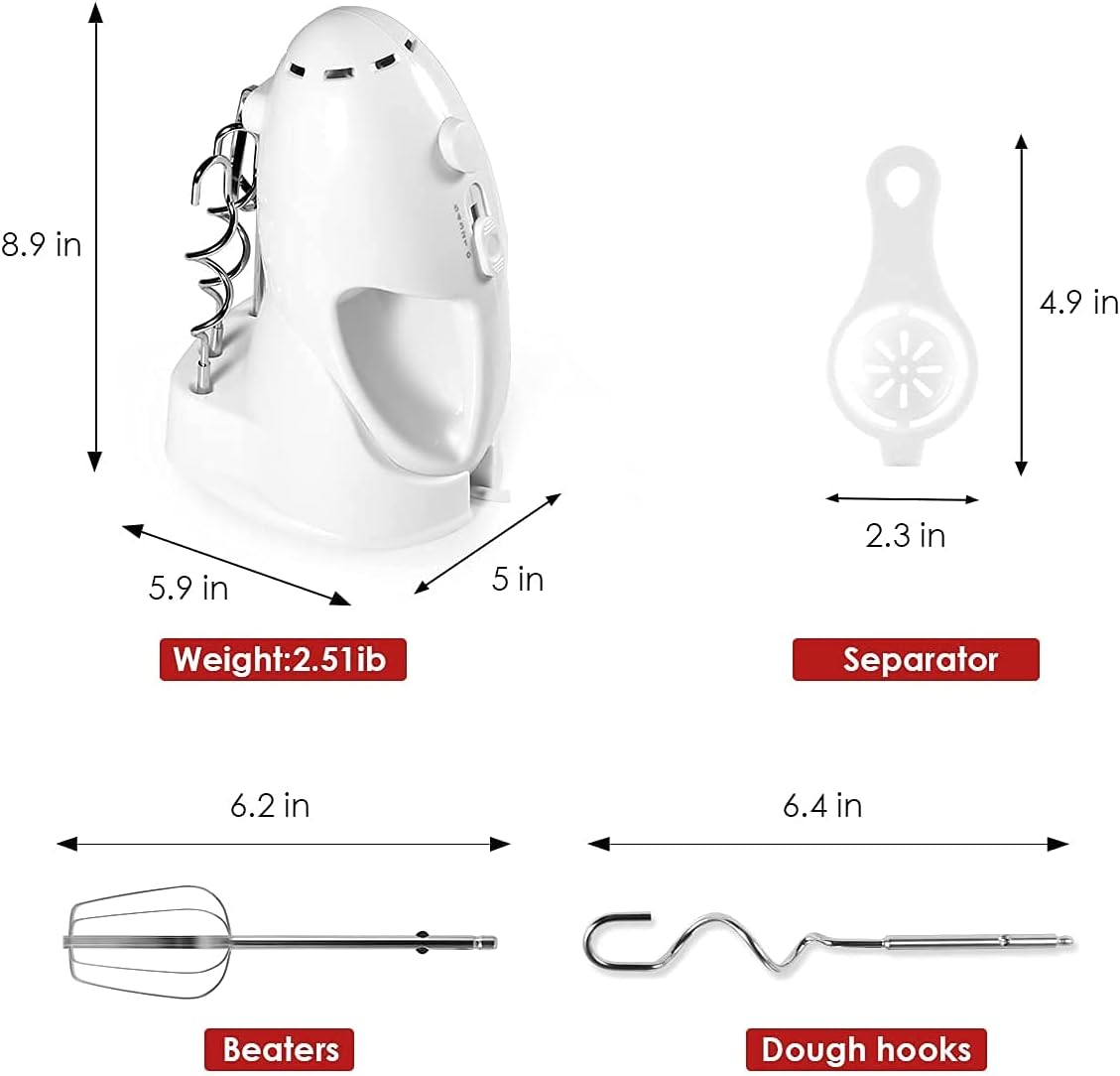Hand Mixer Electric, 5-Speed Kitchen Handheld Mixer with Turbo Egg Separator, 4 Stainless Steel Accessories for Easy Whipping, Mixing, Cakes, Cookies, Cream, Batters 2021White
