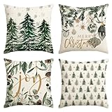 AVOIN colorlife Merry Christmas Trees Snowflake Throw Pillow Covers, 18 x 18 Inch Joy Xmas Balls Winter Holiday Cushion Case Decoration for Sofa Couch Set of 4