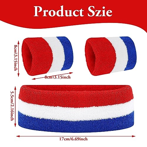 HXMJIED Sports Sweatbands Set, 1 Headband and 2 Wristbands, Red White Blue Striped - Image 2