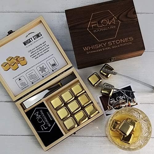 FLOW Barware Whisky Stones Gift Set | 9 Stainless Steel Whisky Stones | Whiskey Stone Gift for Dad | Whiskey Stone Gift Set with Wooden Box | Whiskey Stone with Storage Pouch | Gold