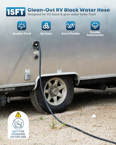 Image of Kohree 15Ft RV Black Water Hose for RV Camper, 5 /8 inch Premium Camper Sewer Hose with No Kink Design, Clean-Out Grey Water Tanks & More, Black Tank Flush Kit with Storage Bag
