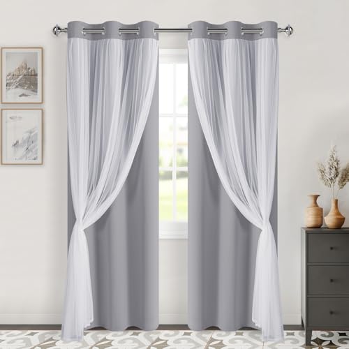 Image of DWCN Grey Blackout Curtains with Sheer Overlay with Tiebacks 84 Inch Long