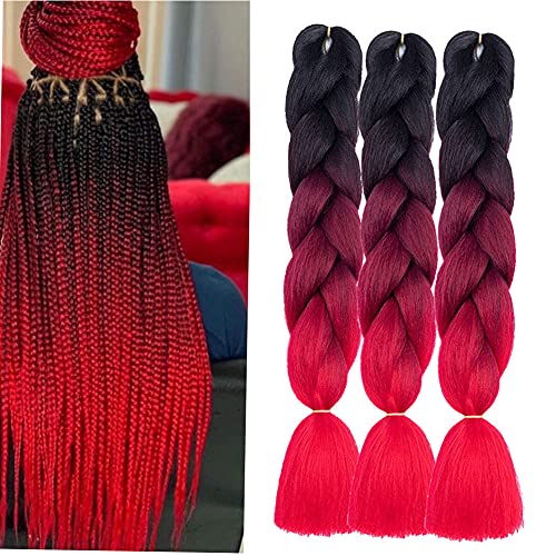 jumbo Braids Extensions rot Kunsthaar Zum Einflechten 3Stück Synthetik Flechten haare Extensions für braids Crochet Twist für Damen Mädchen (schwarz-bug-red)
