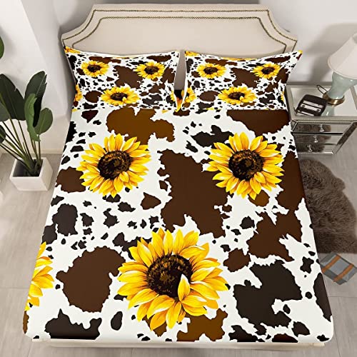 Sunflower Cow Bed Sheet For Kid Girl Man King,Rustic Cowhide Brown Sheet Set With Yellow Floral Soft,Wildlife Farmhouse Cow Fitted Sheet Deep Pocket + Abstract Milk Cow Flat Sheet + 2 Pillowcases #TOP1