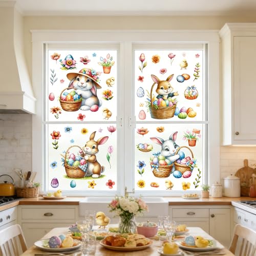 ZingBox Fensterbilder Ostern 4 Blatt Osterdeko Fenster Statisch Haftend Wiederverwendbar Doppelseitige Fensteraufkleber Ostern für Kinderzimmer Frühlingsdeko Fenster mit Hasen Deko und Ostereiern