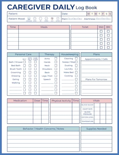 Caregiver Daily Log Book: Daily Care Log to Track Medications, Meals, Vital Signs, Symptoms, and Activities for Seniors or Patients