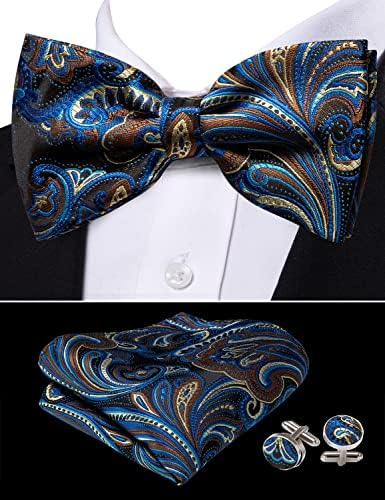 Barry.Wang Mens Bowties Paisley Flower Silk Bow Tie Set with Handkerchief Cufflink Wedding Business