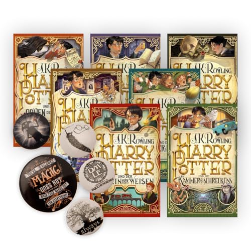 Harry Potter alle 7 Bände in der Jubiläumsausgabe (Hardcover) + 1 original Harry Potter Button Badge Pack