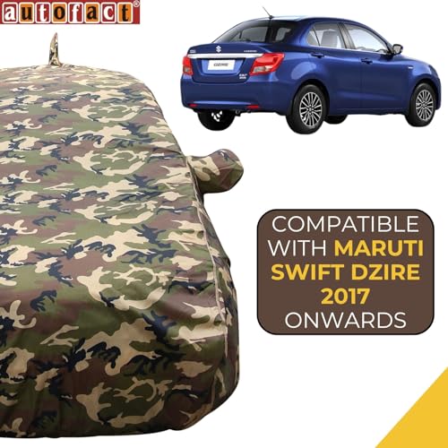 Image of Autofact 100% Waterproof Car Body Cover Compatible with Maruti Swift Dzire (2017 to 2020), with Mirror and Antenna Pockets,4x4 American Matty, Long Lasting Material, Camouflage Army Look