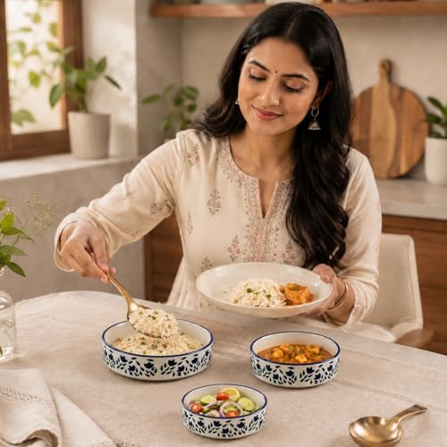Image of The Earth Store Floral Blue Ceramic Platters Set of 3 (7 Inch Each, Different Sizes) - Microwave & Dishwasher Safe Serving Platters for Snacks, Desserts & More