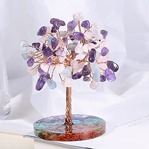 Nupuyai Amethyst & Rose Quartz & Aquamarine Crystal Money Tree with 7 Chakra Base - Image 3