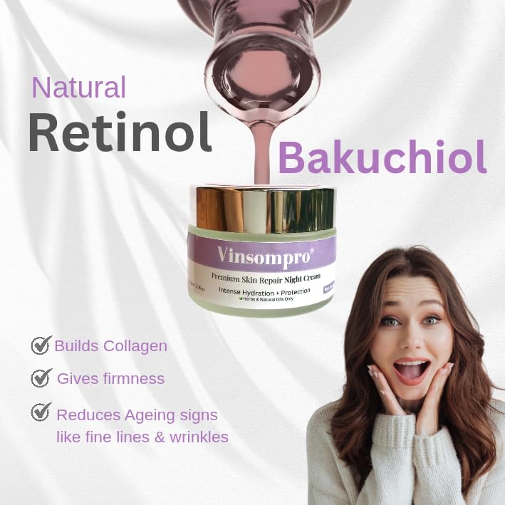 Image of Vinsompro Night Cream | Premium organic collagen booster | for anti ageing | wrinkles | fine lines dark spot | Infused with | Bakuchiol retinol | saffron | for All Skin Types | 30 gm