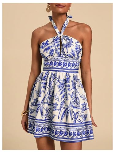 Image of Floerns Women's Floral Print Sleeveless Halter Neck Tie Back Summer A Line Dress