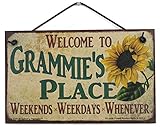 Egbert's Treasures 5x8 Vintage Style Sign with Sunflower Saying, Welcome to Grammie's Place Weekends, Weekdays, Whenever Decorative Fun Universal Household Family Signs for Grandma (5x8)