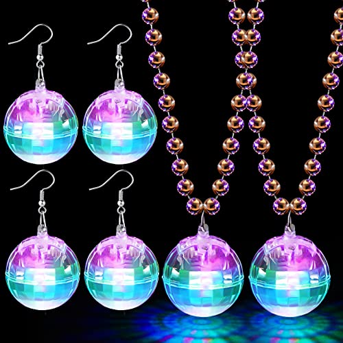 Sasylvia 2 Pcs LED Disco Ball Necklaces Light up Disco Party 70s Necklace and 2 Pairs Light up Ball Earrings Sets for Birthday Party Favor Halloween Christmas Gifts(Multicolor)