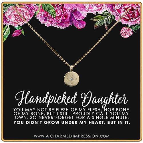 Handpicked Daughter • Jewelry Gifts for Adopted Child • Daughter Gift Necklace • From Mom Dad • Adoption Keepsake• Unbiological Mother Father Gifts • Women Girls • Lotus Crystal Disc Necklace 14k Gold