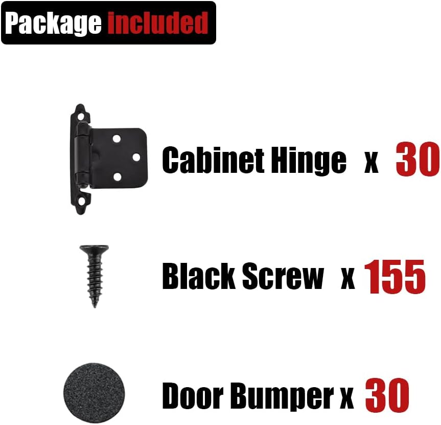 JQK 1/2 Inch Overlay Cabinet Door Hinges Black, 30 Pack 15 Pairs Flush Face Mount Cupboard Self-Closing Kitchen Cabinet Hinges with Door Bumper, CH200-BK-P30