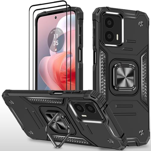 HONG-AMY for Moto G Power 5G 2024 Case with 2Pcs Tempered Glass Screen Protector, Military Grade Double Shockproof with Kickstand Case-Black