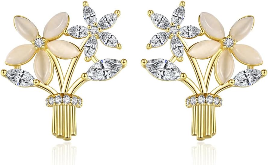 14K Gold D-color VVS1 Moissanite Earrings, Sweet Floral Bouquet Stud Earrings for Women