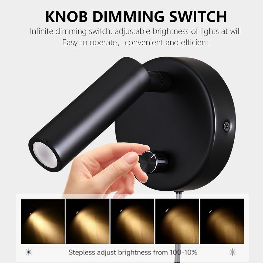 Image of Surface Wall Mounted Reading Light Sconces Lamp Physical Knob Dimmer Switch LED 5W Warm White 3000K (Black Plug Cord)