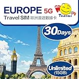 Happy 5G UK + Europe 27 Countries 30Days Unlimited Data Travel Sim Card | 15GB of 5G High-Speed Data | Includes Turkey & Switzerland | No Daily Limit | No Registration Required | Easy Activation
