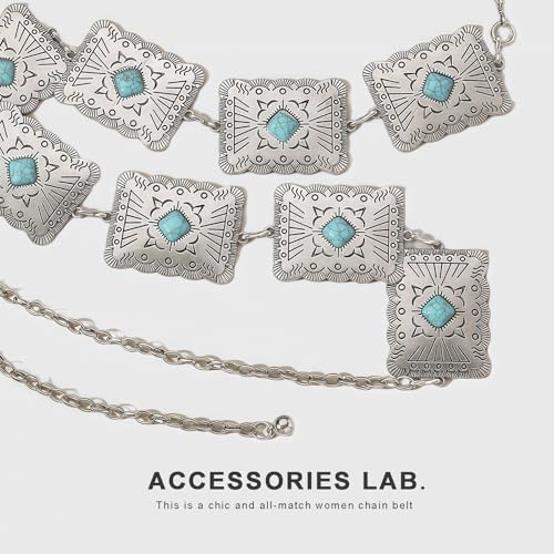 Western Metal Chain Belt for Women Dresses Jeans Boho Silver Vintage Turquoise Waist Belt3